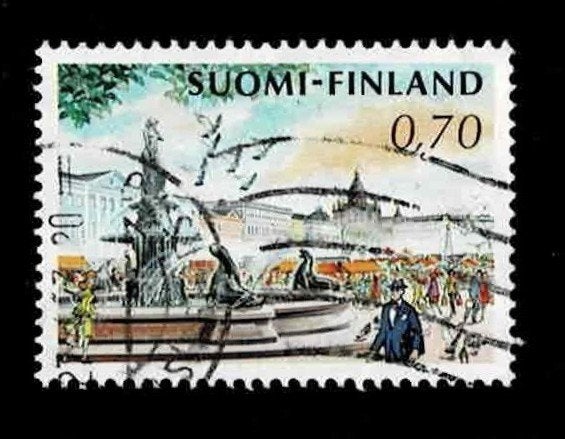 postzegel 680 Finland Marktplein Helsinki, Postzegels en Munten, Postzegels | Europa | Scandinavië, Ophalen of Verzenden, Finland