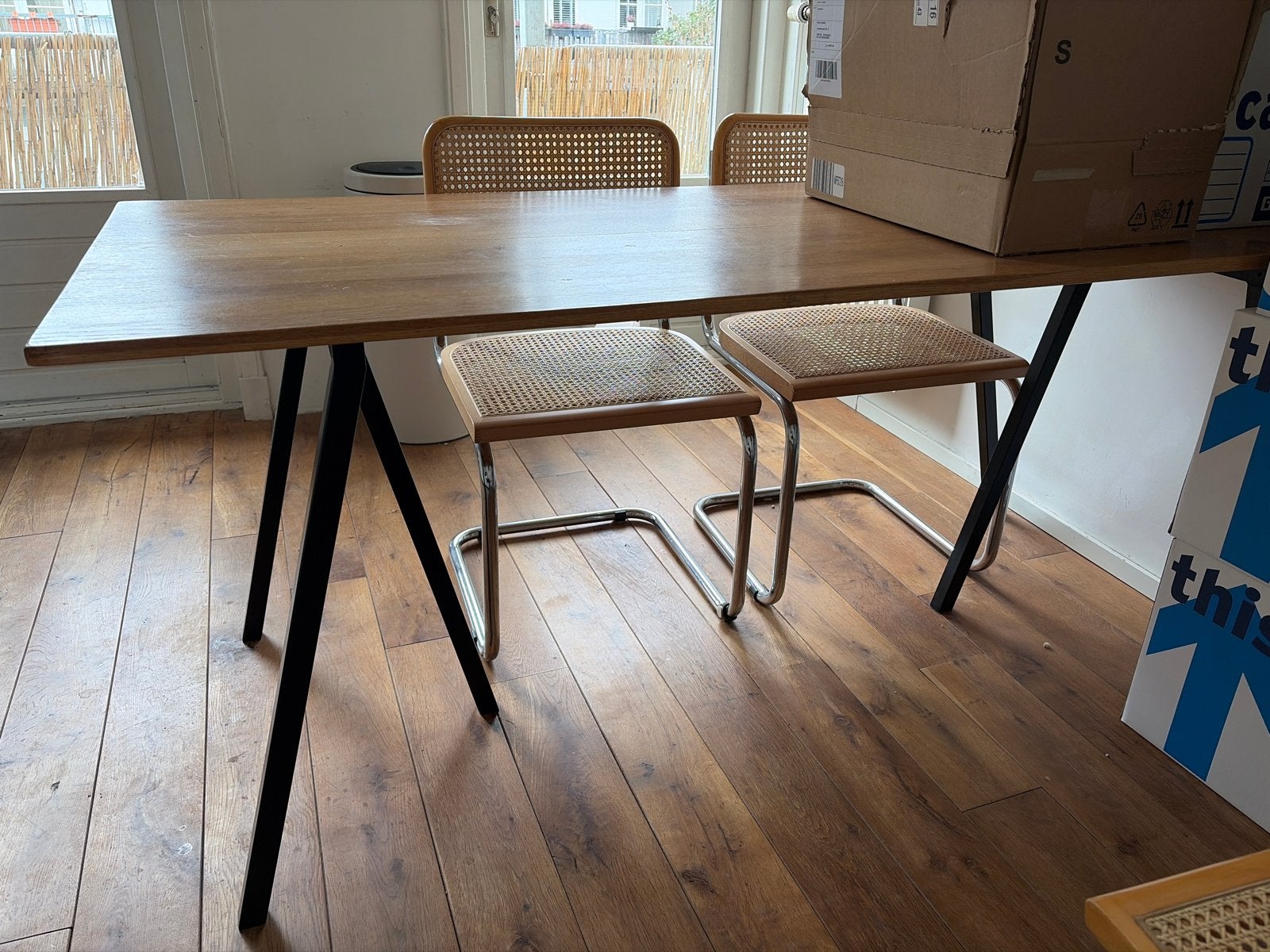 Tafel met Hay schragen en houten blad (170x70cm), Ophalen, Gebruikt, 50 tot 100 cm, 150 tot 200 cm