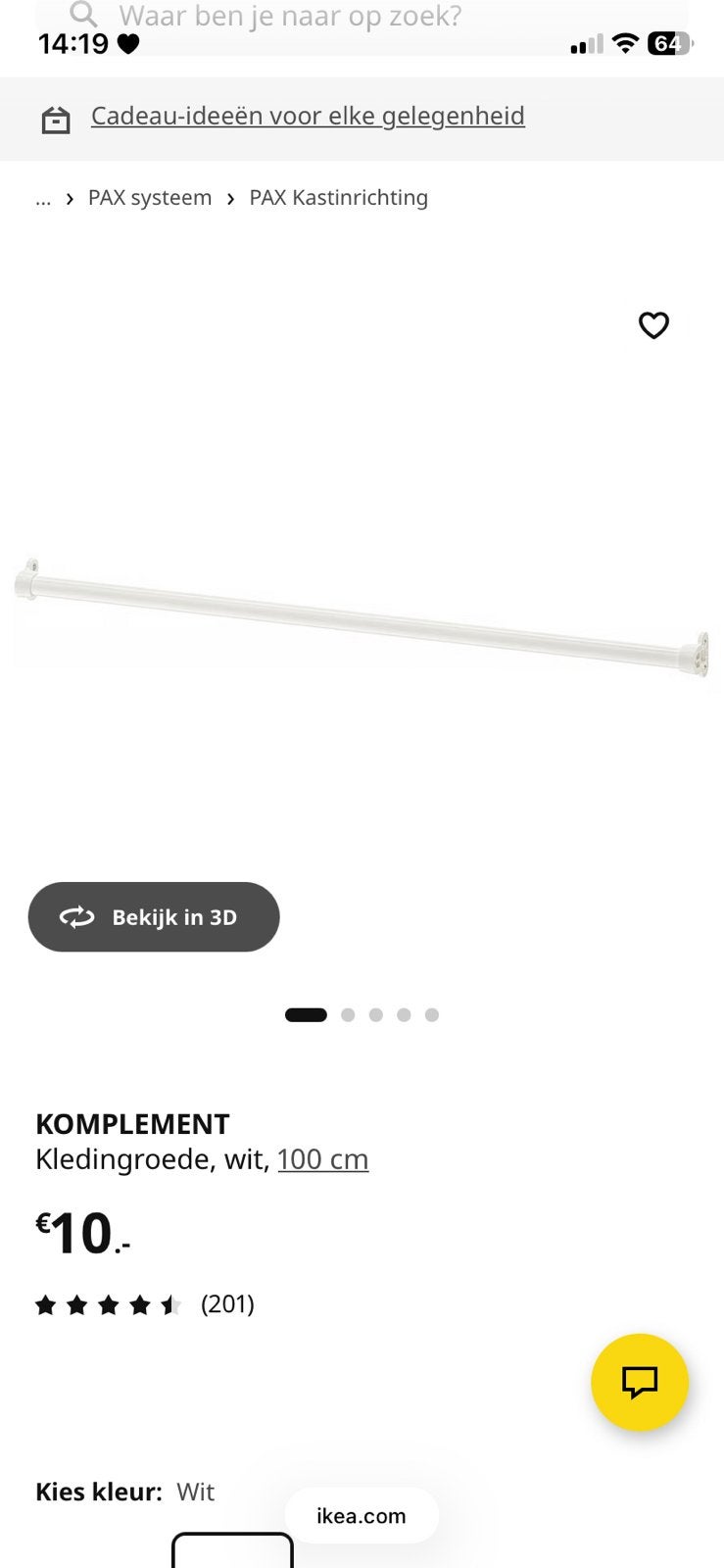 Kledingroede 1 meter pax kast ikea, Ophalen, 200 cm of meer, 50 tot 100 cm, Zo goed als nieuw