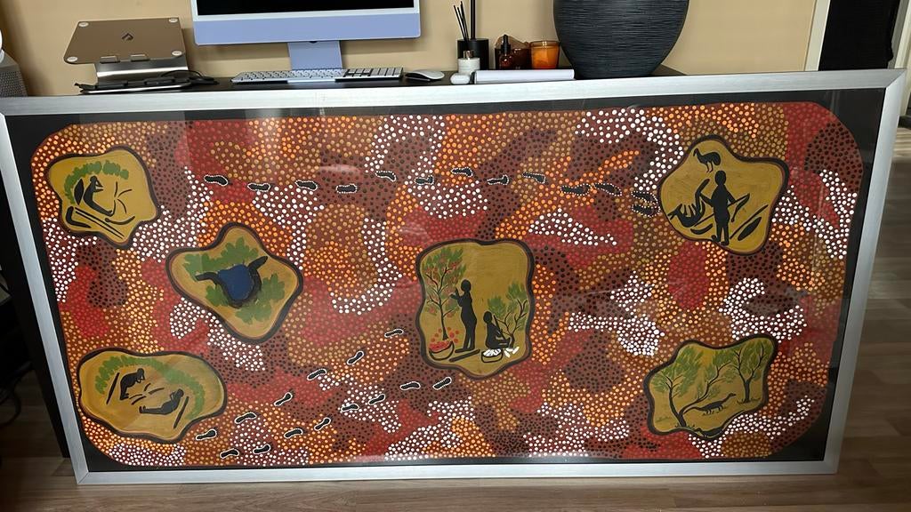 Origineel Aboriginal dot art schilderij op canvas, ingelijst, Antiek en Kunst, Kunst | Niet-Westerse kunst, Ophalen