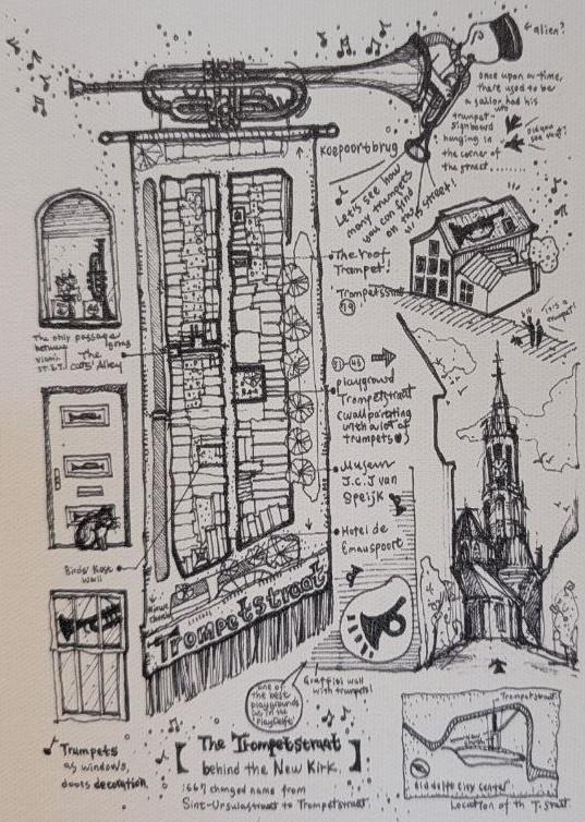 Verkocht: Tekening Emeline Lin: de Trompetstraat in Delft, Ophalen of Verzenden