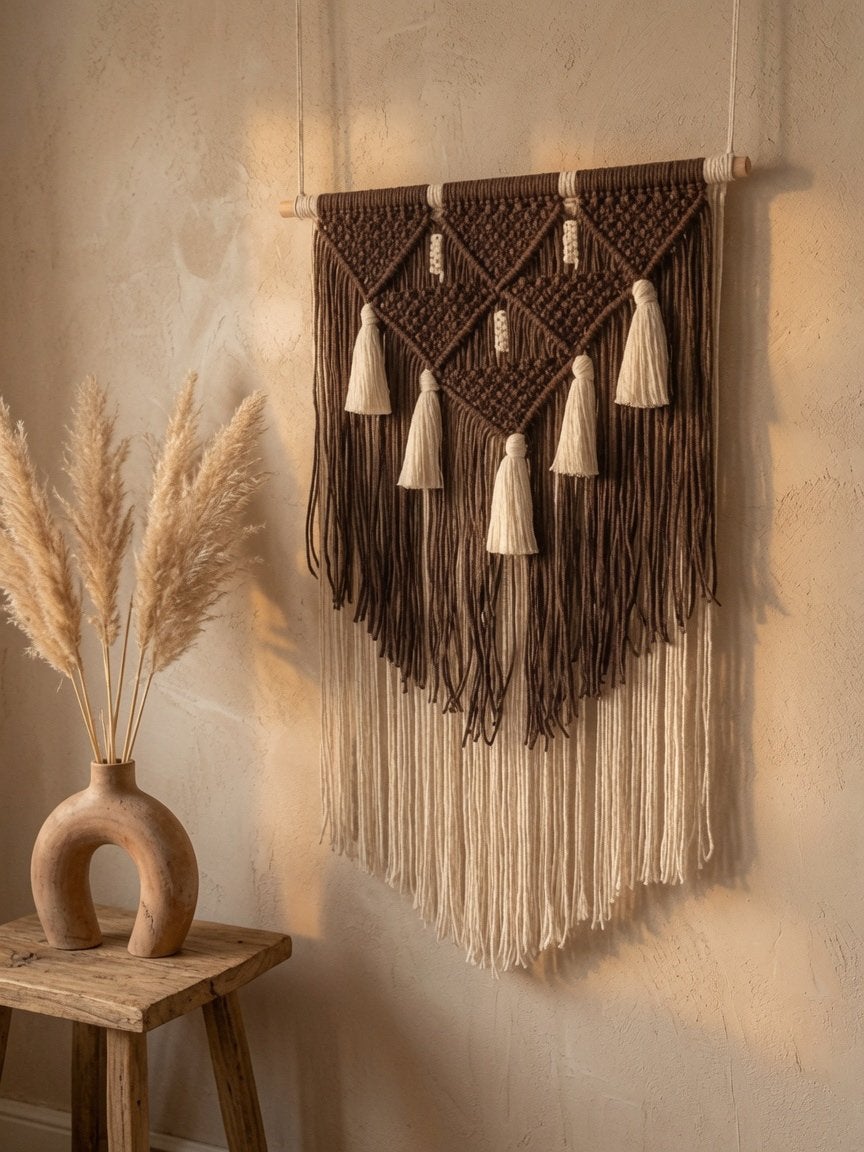 Macrame wandhanger bruin&naturel, 85 cm, Boho, Textiel, Ophalen of Verzenden