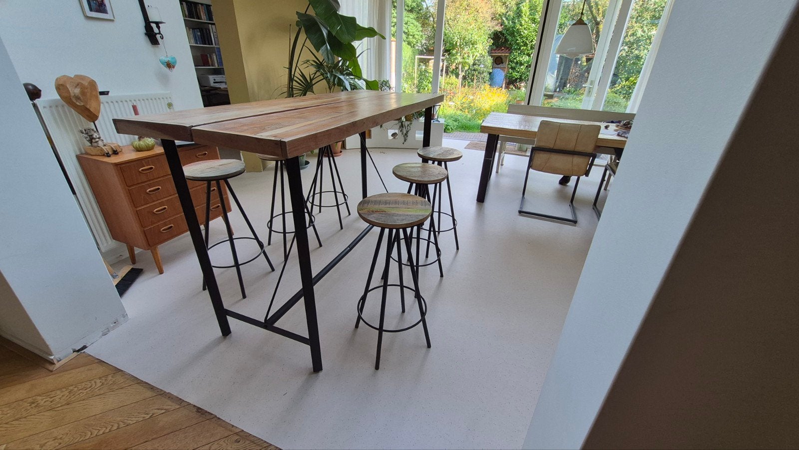 Hoge bartafel met 6 krukken - 180x73x108 cm, Huis en Inrichting, Ophalen, Gebruikt