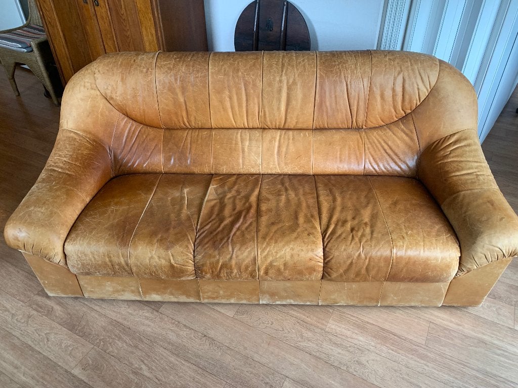 Bank vintage cognac kleur leder, Ophalen, Gebruikt, 150 tot 200 cm, Driepersoons