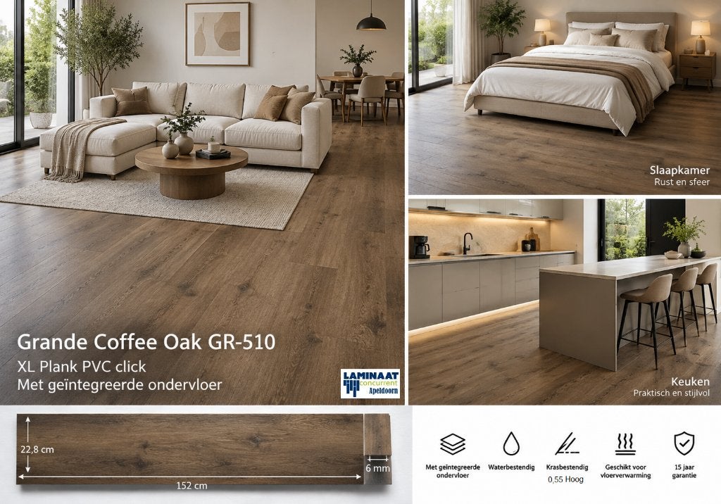 Pvc click Coffe Oak Donker Bruin met integreerde ondervloer, XL Pvc click Extra lang Extra breed Extra dik Donker bruin, Bruin
