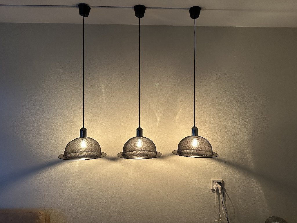 set van 3 matzwart metalen gaas-hanglampen, Ophalen, E27 (groot), Zo goed als nieuw, Metaal