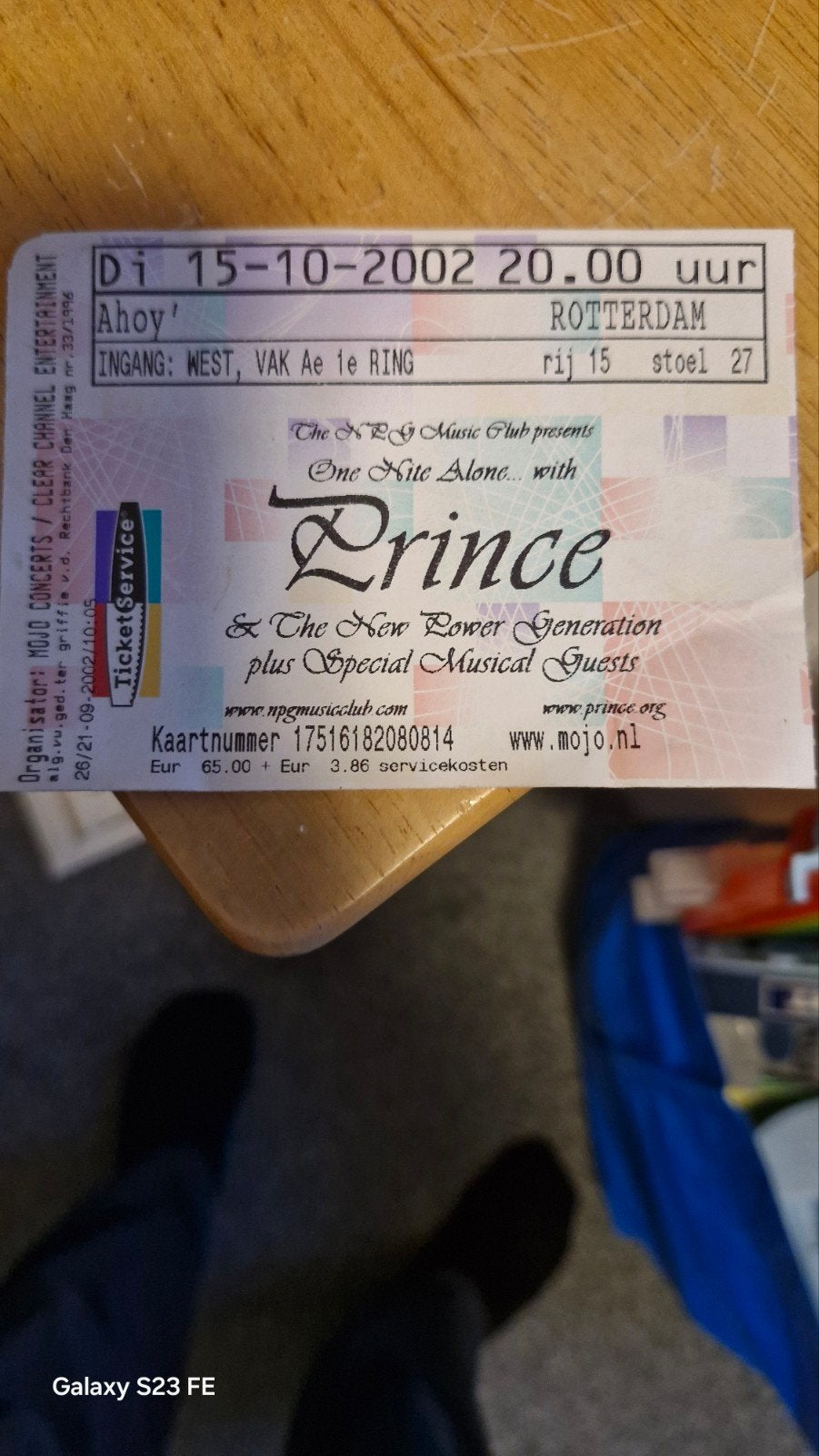 Origineel Prince concertkaartje Ahoy Rotterdam 15-10-2002 –, Eén persoon