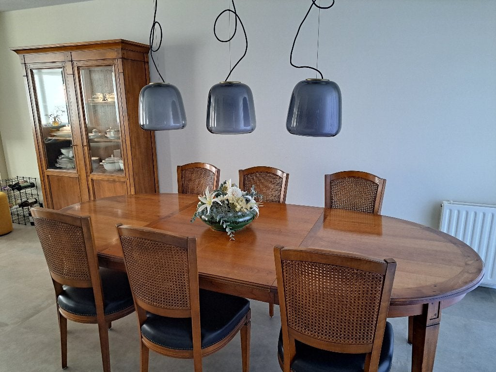 Eethoek tafel 6 stoelen en sevieskast Italiaans, Ophalen, Gebruikt, 100 tot 150 cm, 200 cm of meer