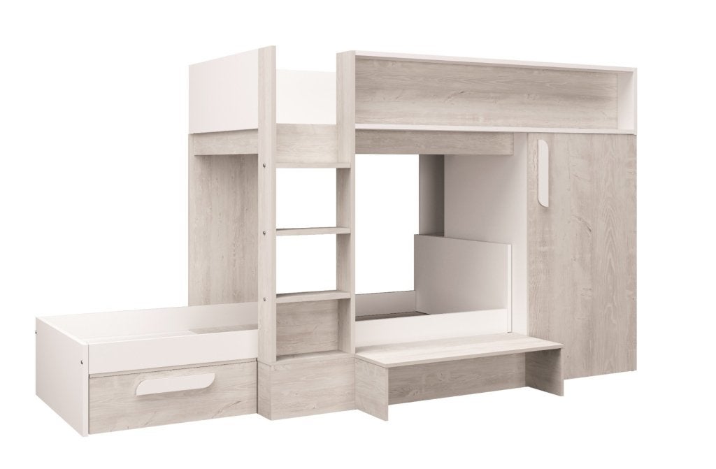 Fano stapelbed met kast en lade - 90x200 - Wit/witgrenen, Huis en Inrichting, Slaapkamer | Bedden, Niet ingevuld, Niet ingevuld