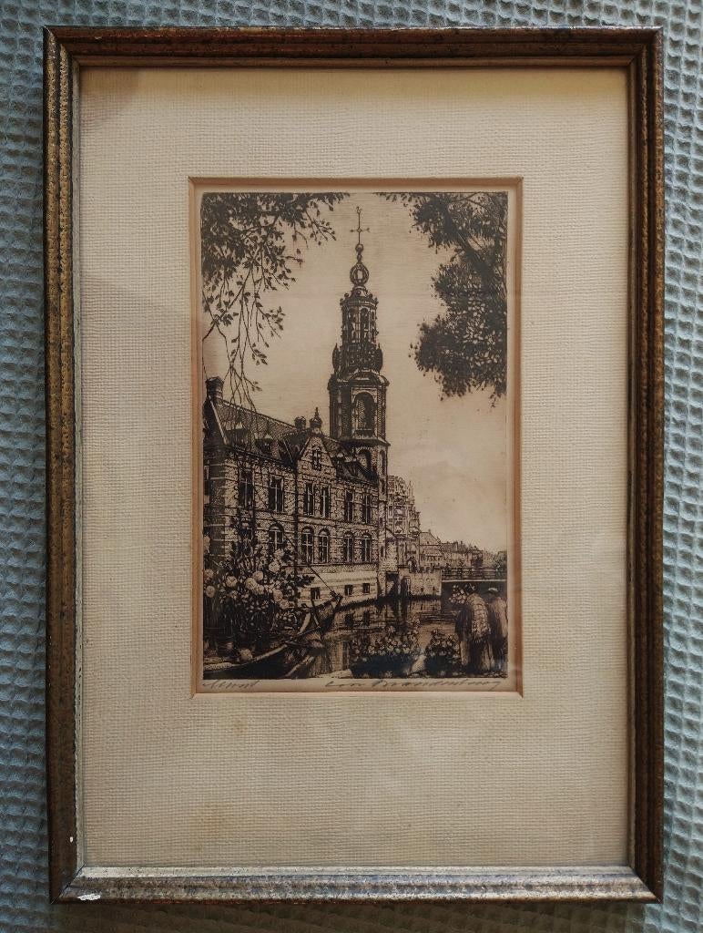 Ets Cornelis Brandenburg - Munt Amsterdam bloemenmarkt, Antiek en Kunst, Kunst | Etsen en Gravures, Ingelijst, Ets, Stadsgezicht