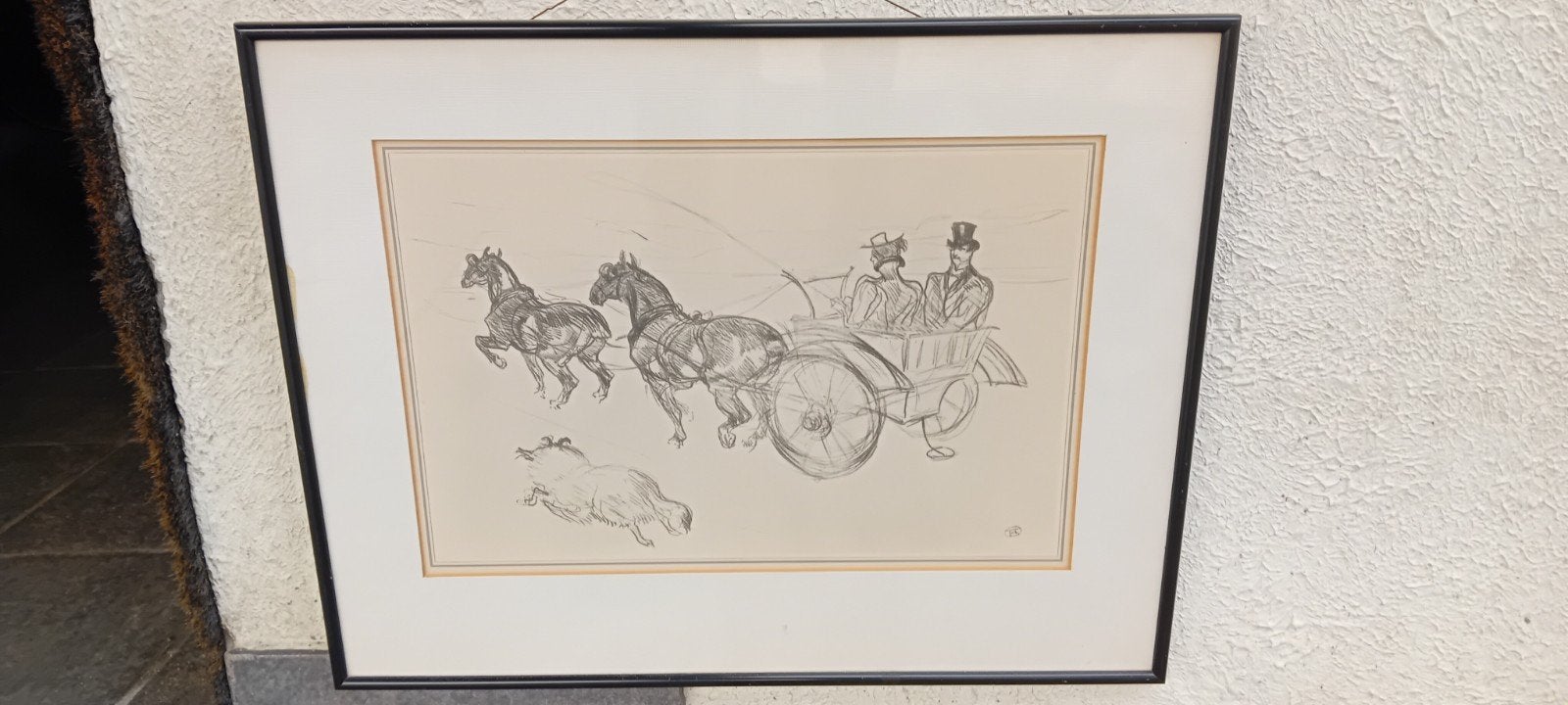 Ingelijste tekening: Paardenkoets met figuren, Ophalen of Verzenden, Tekening, Potloodtekening, Ingelijst