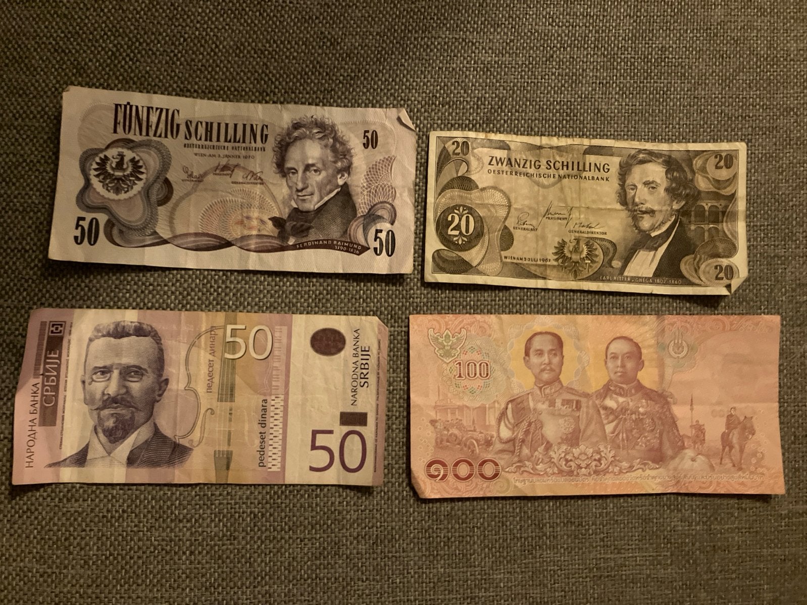 Diverse bankbiljetten: Servië, Oostenrijk, Thailand, Postzegels en Munten, Bankbiljetten | Oceanië, Ophalen of Verzenden, Setje