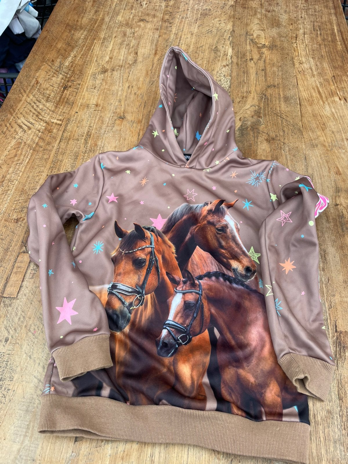 Bruine paardenpraatTV trui maat 146, Ophalen of Verzenden, Zo goed als nieuw, Bovenkleding