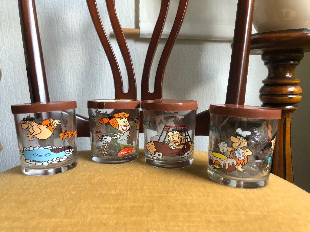 4 vintage glazen met Flintstone figuurtjes, Glas of Glazen, Overige merken, Ophalen of Verzenden, Overige stijlen
