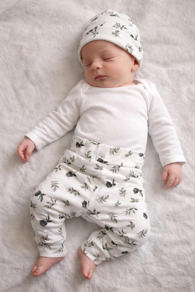Handgemaakte broek en mutsje met blaadjesprint - Maat 56, Ophalen of Verzenden, Nieuw, Jongetje of Meisje, Setje