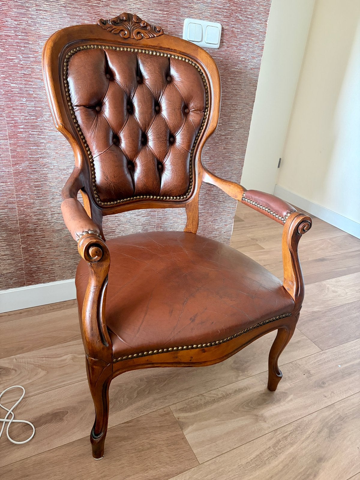 MOOIE FAUTEUIL LEDEREN BEKLEDING ANTIEK, Ophalen, Gebruikt, Minder dan 75 cm, Leer
