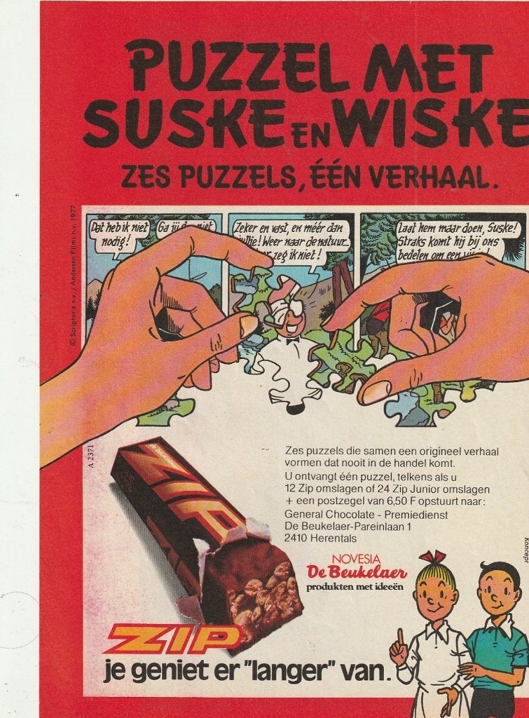 Retro reclame 1977 Zip chocola Suske Wiske puzzels, Verzamelen, Verzenden, Overige typen