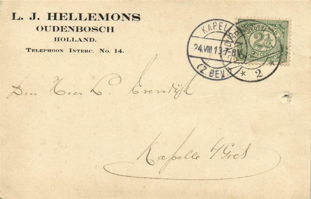 L.J. Hellemons, Oudenbosch - 08.1913 - briefkaart, Ophalen of Verzenden, Briefkaart