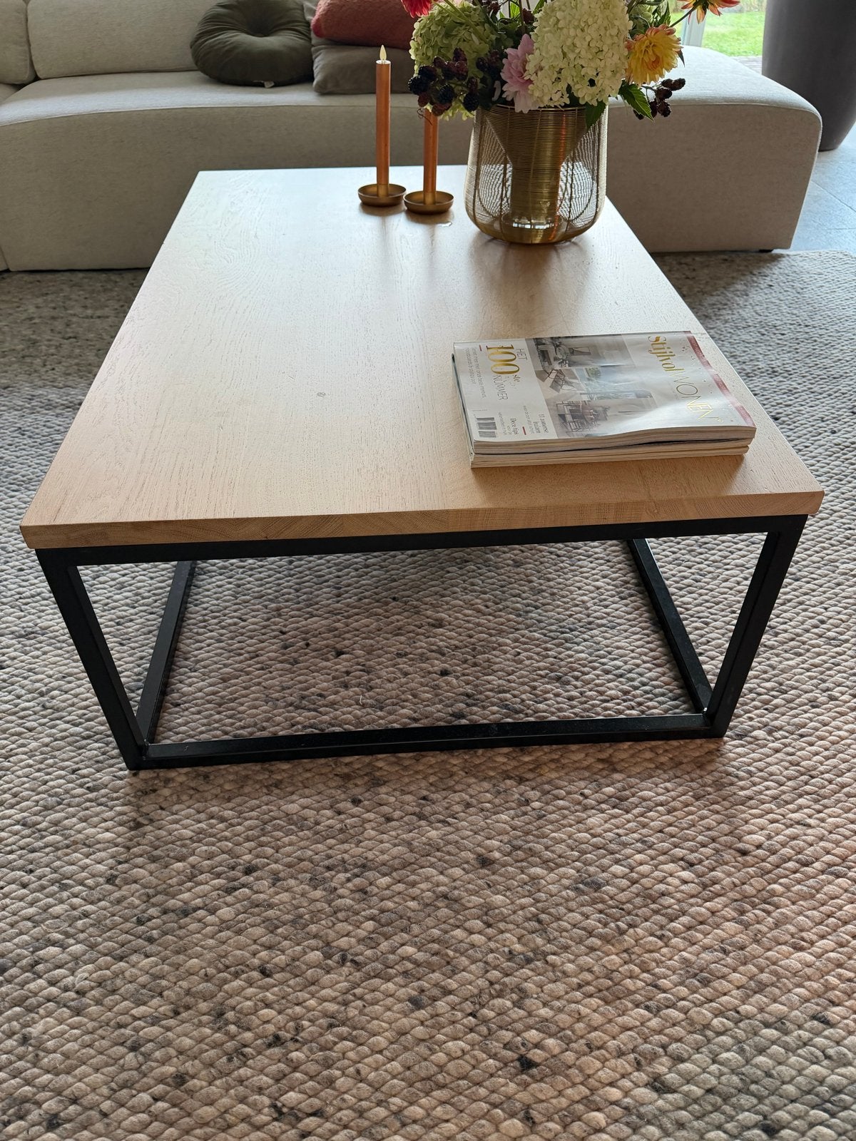 Zwart stalen salontafel met lichteiken blad (120x80x40cm), Ophalen, Gebruikt, 100 tot 150 cm, Eikenhout