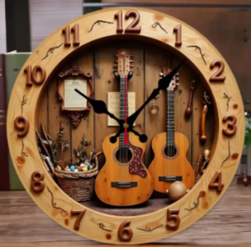Ronde wandklok van hout analoge Gitaren (25cm), Ophalen of Verzenden, Nieuw, Wandklok