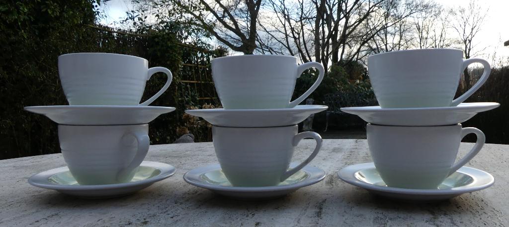 Johnson Brothers Soft Leaf 6 K + S en Ovenschaal Cool Mist, Nieuw, Ophalen of Verzenden, Wedgwood, Kop(pen) en/of Schotel(s)