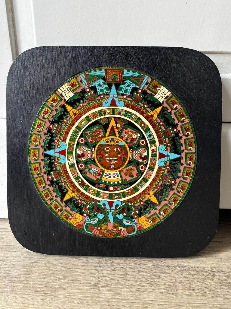 Maya azteekse zon kalender messing op hout, Antiek en Kunst, Ophalen of Verzenden