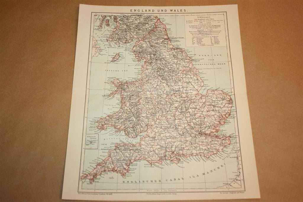 Antieke kaart - Engeland en Wales - Circa 1885 !!, Boeken, Atlassen en Landkaarten, Gelezen, Ophalen of Verzenden, Landkaart, 1800 tot 2000