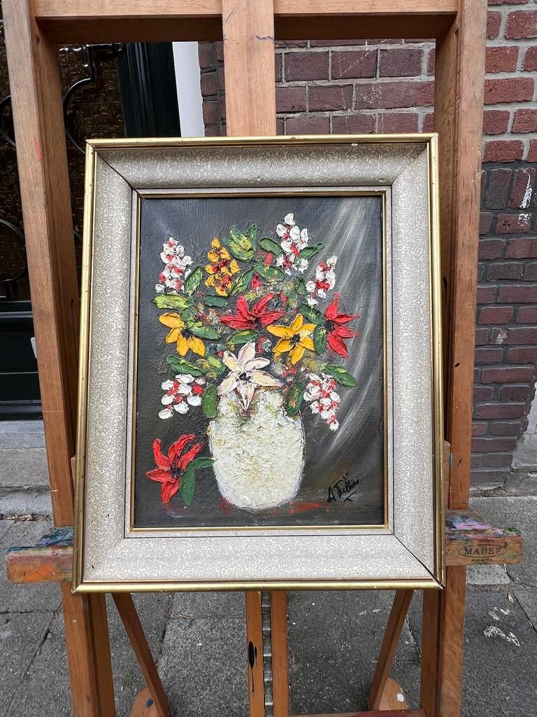 Vintage Frans olieverf schilderij bloemstilleven fleurig, Antiek en Kunst, Ophalen of Verzenden