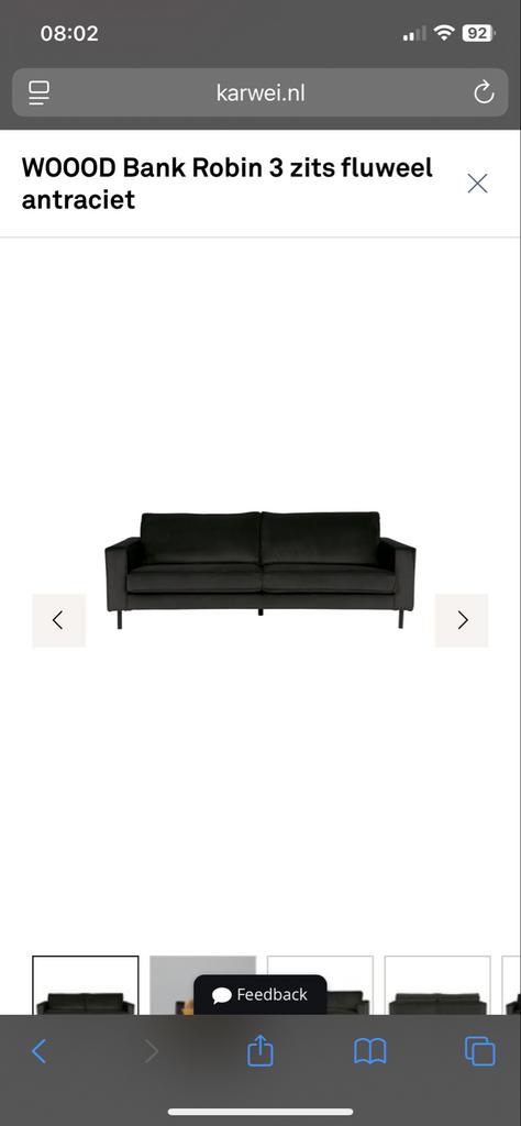 3-zits bank antraciet fluweel Karwei WOOOD Robin, Ophalen, Gebruikt, Driepersoons, 75 tot 100 cm