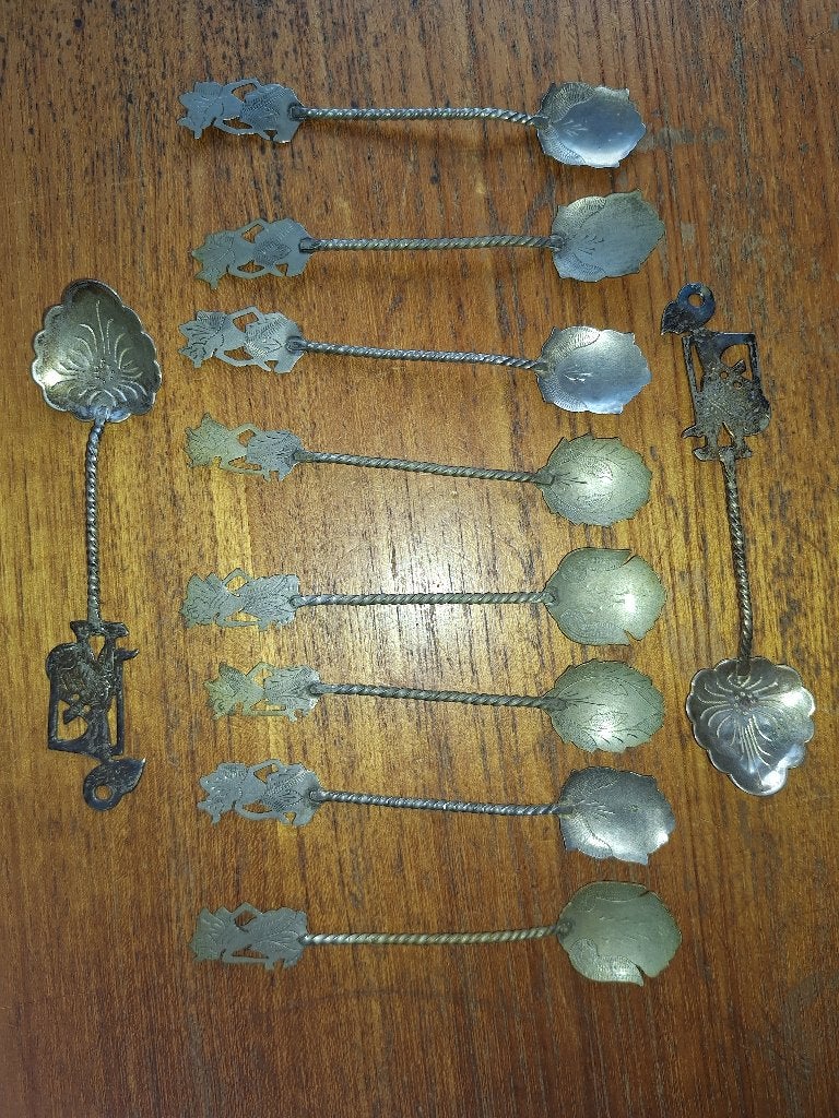 Indonesisch Wayang set theelepeltjes, Ophalen of Verzenden, Gebruikt, Zilver, Theelepel