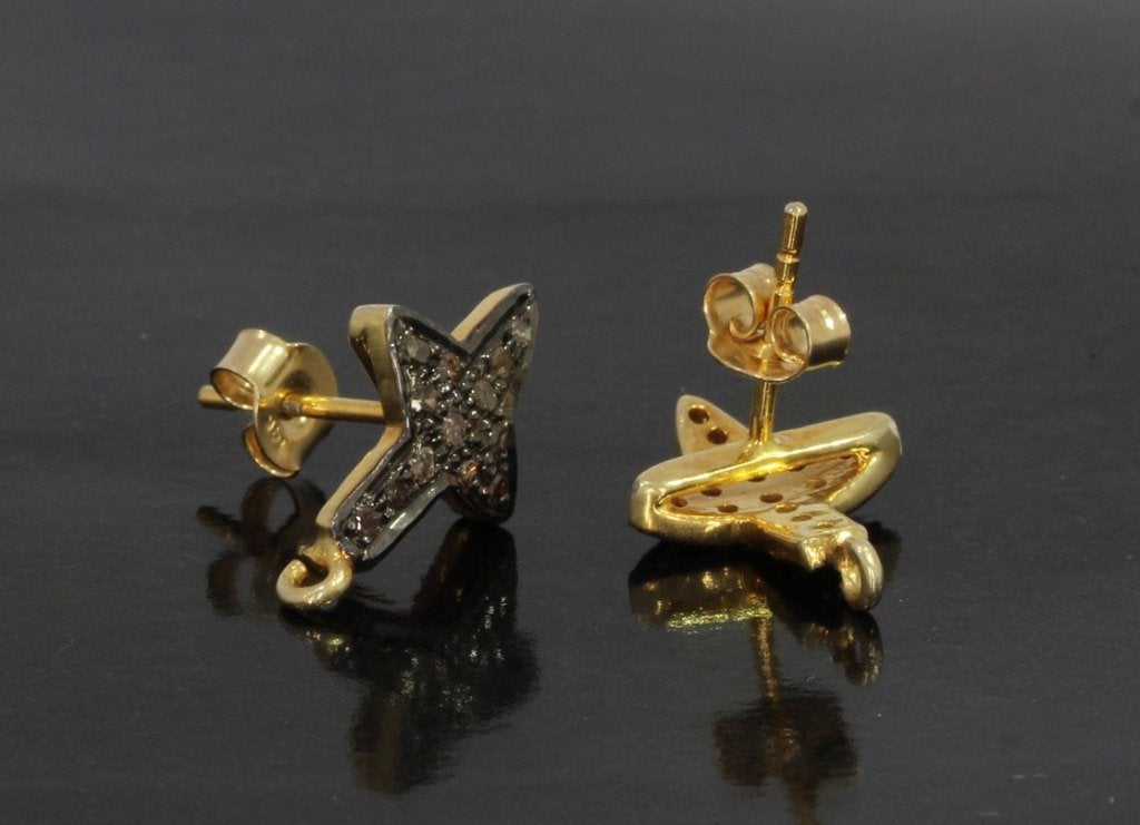 Diamanten kruis ster oorbellen goud zilver India vintage, Ophalen of Verzenden, Goud, Oorbellen, Verguld