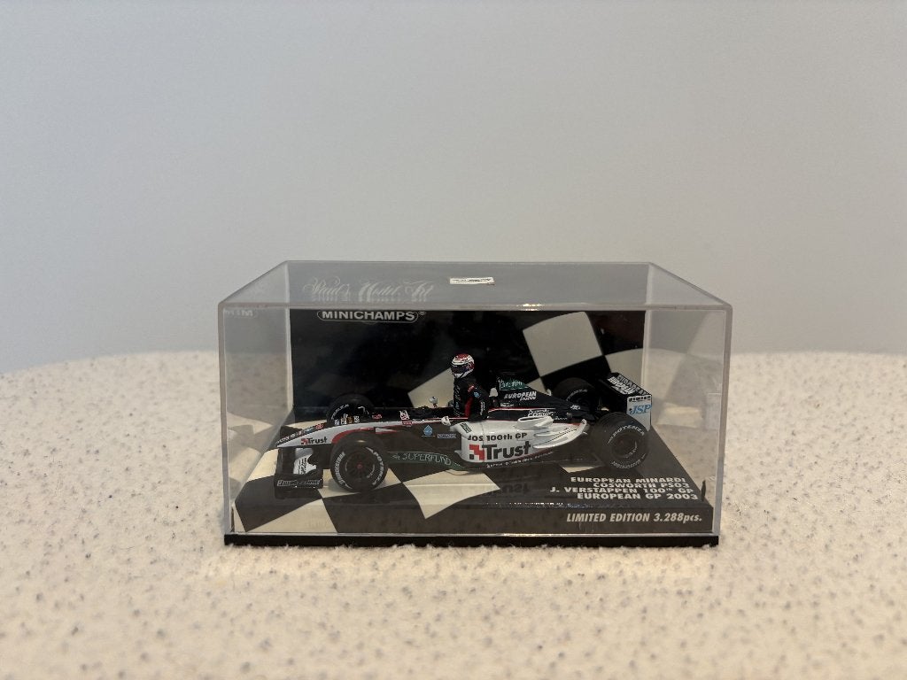 Jos Verstappen Minardi PS03 2003 – 100e GP – Minichamps 1:43, Hobby en Vrije tijd, Ophalen of Verzenden, Zo goed als nieuw, Auto