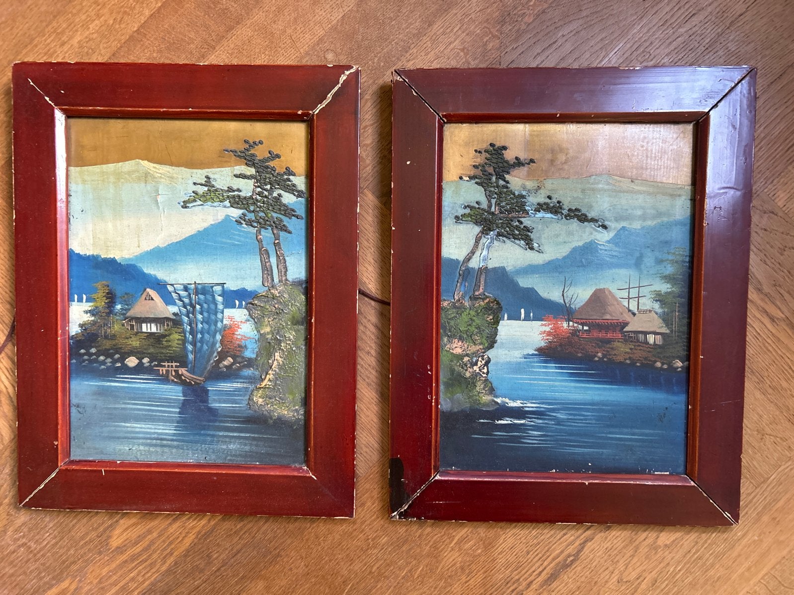 Set 2 antieke Indonesische schilderijen- olieverf op hout, Paneel, Ophalen of Verzenden, Klassiek, Gemengde techniek