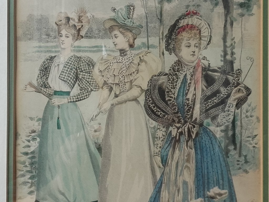 Antieke ingelijste mode gravure uit Engeland met vrouwen., 1800 - 1899, Origineel, Mode, Ophalen of Verzenden