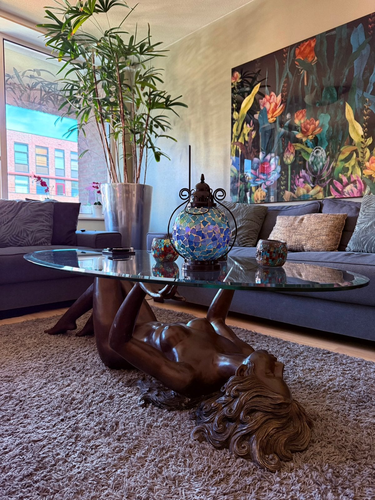 Salontafel brons sculptuur, Huis en Inrichting, Tafels | Salontafels, Ophalen, Gebruikt, Vintage, 50 tot 100 cm