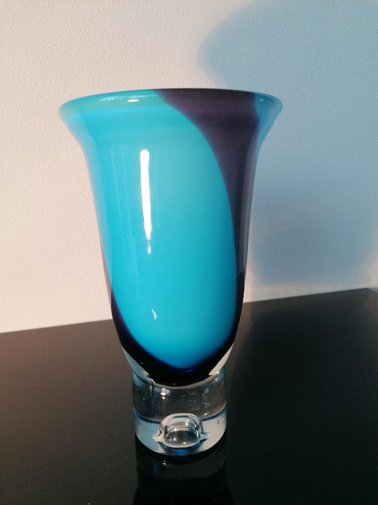 Design Vaas Glas Blauw Strepen Zwart Swirl Murano 1980, Ophalen of Verzenden