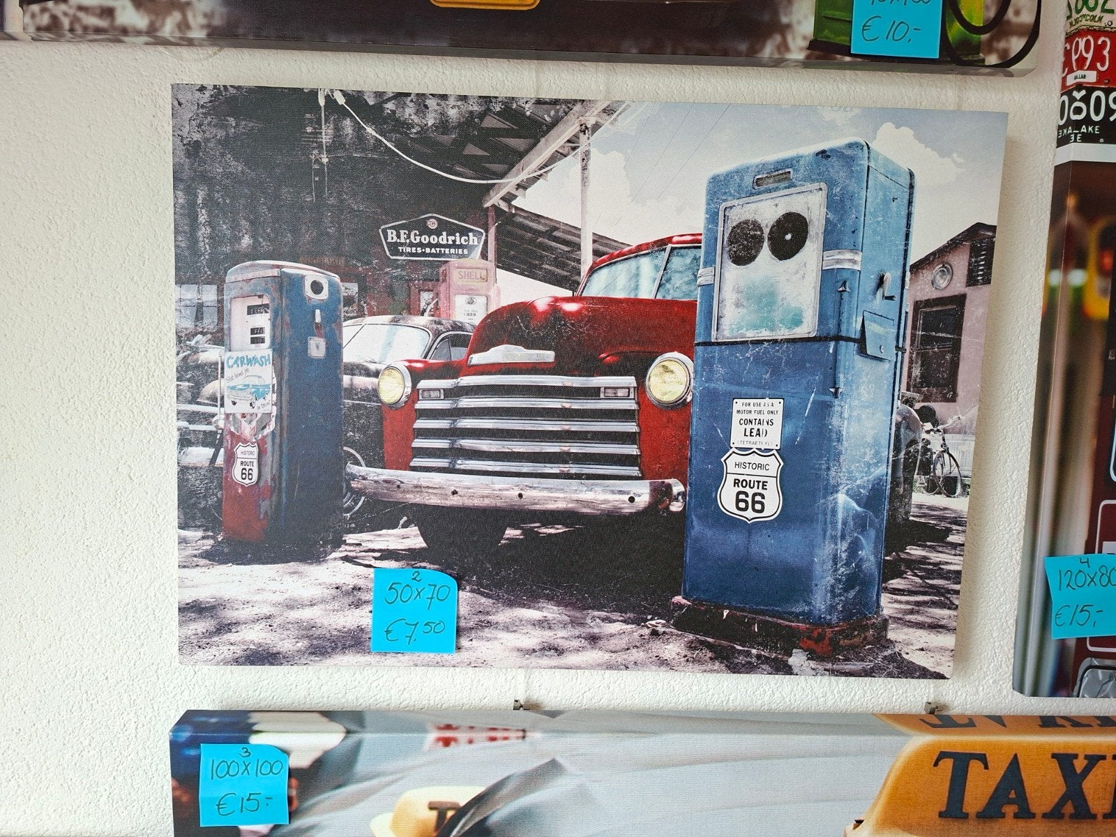 Canvas Schilderij Route 66 Auto Benzinepomp 50x70 cm, Ophalen, Gebruikt, 50 tot 75 cm, Schilderij