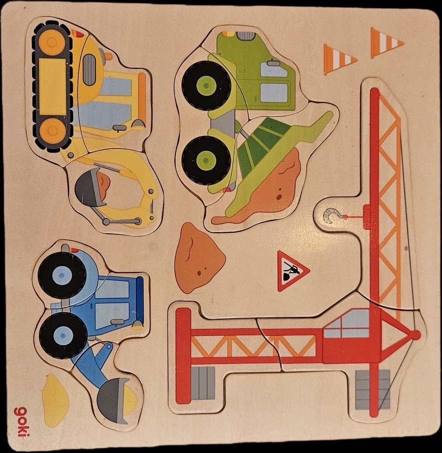 Goki houten puzzel met bouwvoertuigen, Ophalen, 2 tot 4 jaar, Zo goed als nieuw, Van hout