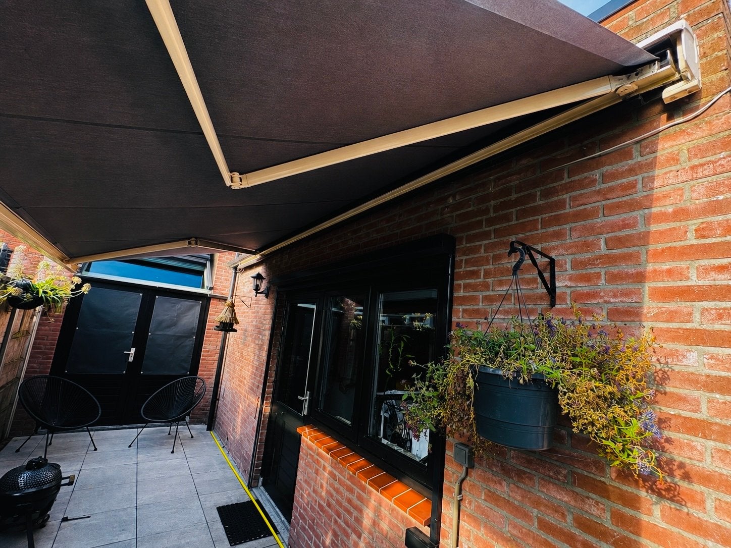 Somfy Cassettezonnescherm 5,45m, antraciet, Tuin en Terras, Zonneschermen, Ophalen, Gebruikt, 450 cm of meer, Elektrisch