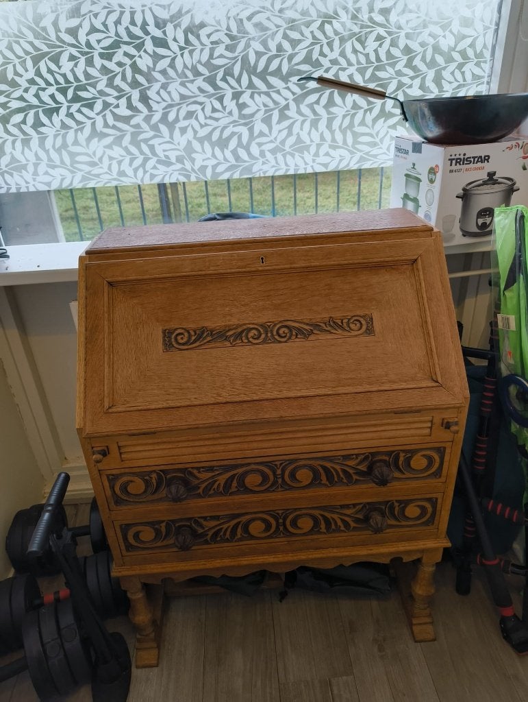 Antieke Eikenhouten Secretaire met Snijwerk, Ophalen, Gebruikt