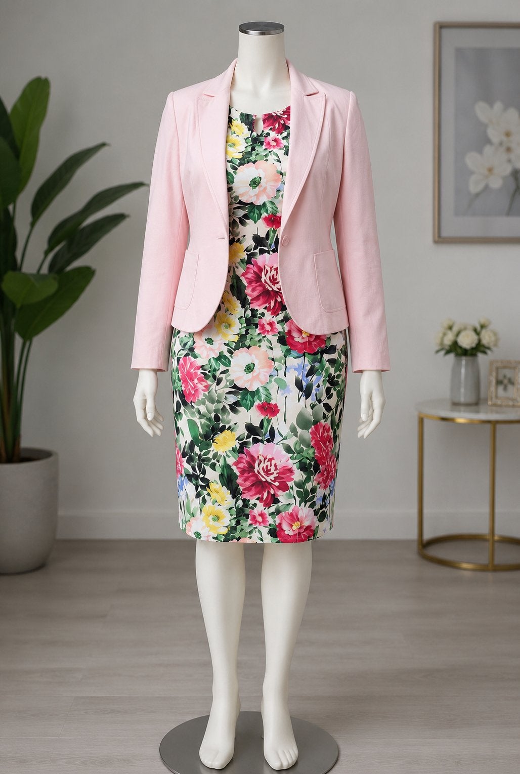Etam Jurk met bloemenprint en roze blazer, maat 44, Maat 42/44 (L), Ophalen of Verzenden, Knielengte, Roze