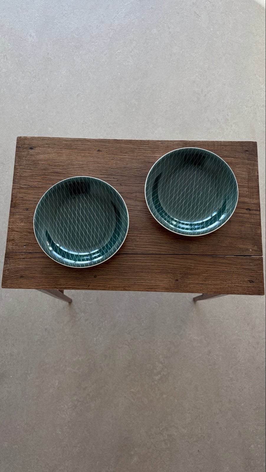 2 Longchamp diepe borden met ruitpatroon, groen, Gebruikt, Overige merken, Keramiek, Vintage
