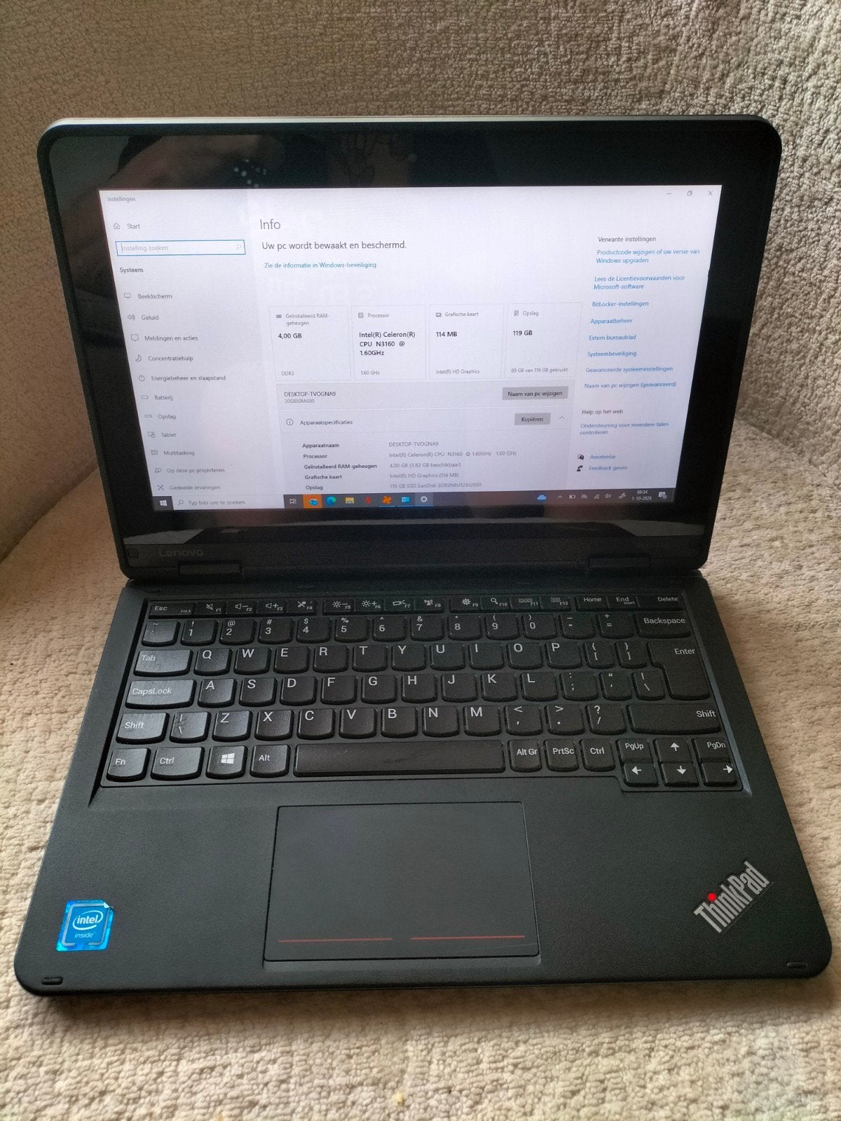 Lenovo ThinkPad Yoga 11e - Intel Celeron N3160, 4GB RAM, Gebruikt, Qwerty, 119 GB, Met touchscreen