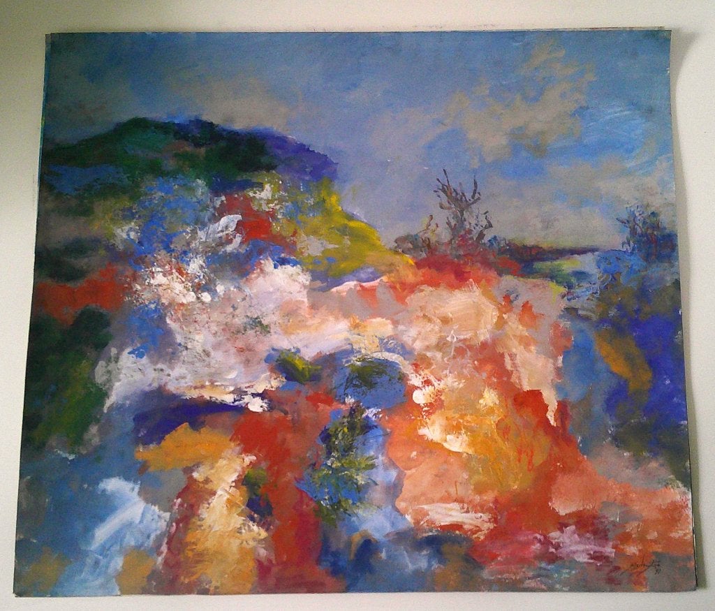 Expressief landschap '97 - Jelle Hoogstra 1924-2003, Gouache, Expressionistisch, Ophalen of Verzenden, Landschap