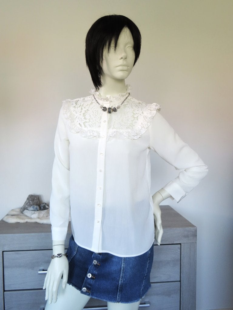H&M Prachtige Witte Romantische Blouse met Kant XS 34, Kleding | Dames, H&M, Wit, Ophalen of Verzenden, Zo goed als nieuw