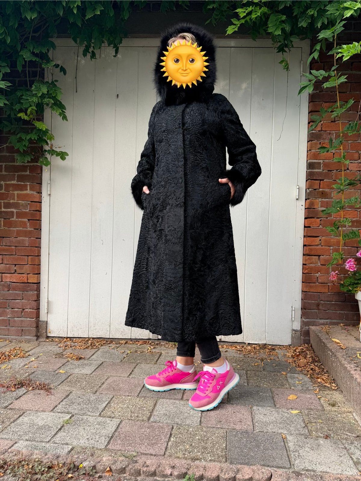 Vintage Lange zwarte Karakul bontjas – met afneembare kap, Ophalen of Verzenden, Gebruikt