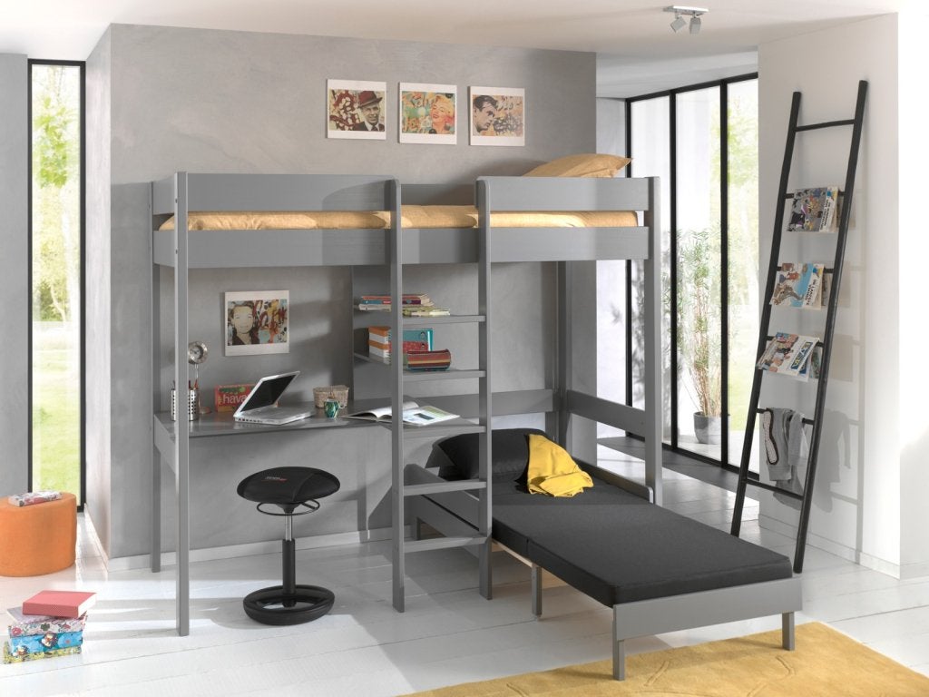 Pino hoogslaper met bureau en bank - 90x200 - Grijs, Huis en Inrichting, Slaapkamer | Stapelbedden en Hoogslapers, Niet ingevuld