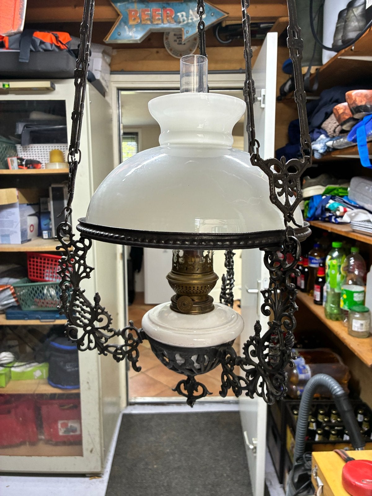 Antieke Hangende Petroleumlamp - Origineel & Compleet, Ophalen of Verzenden