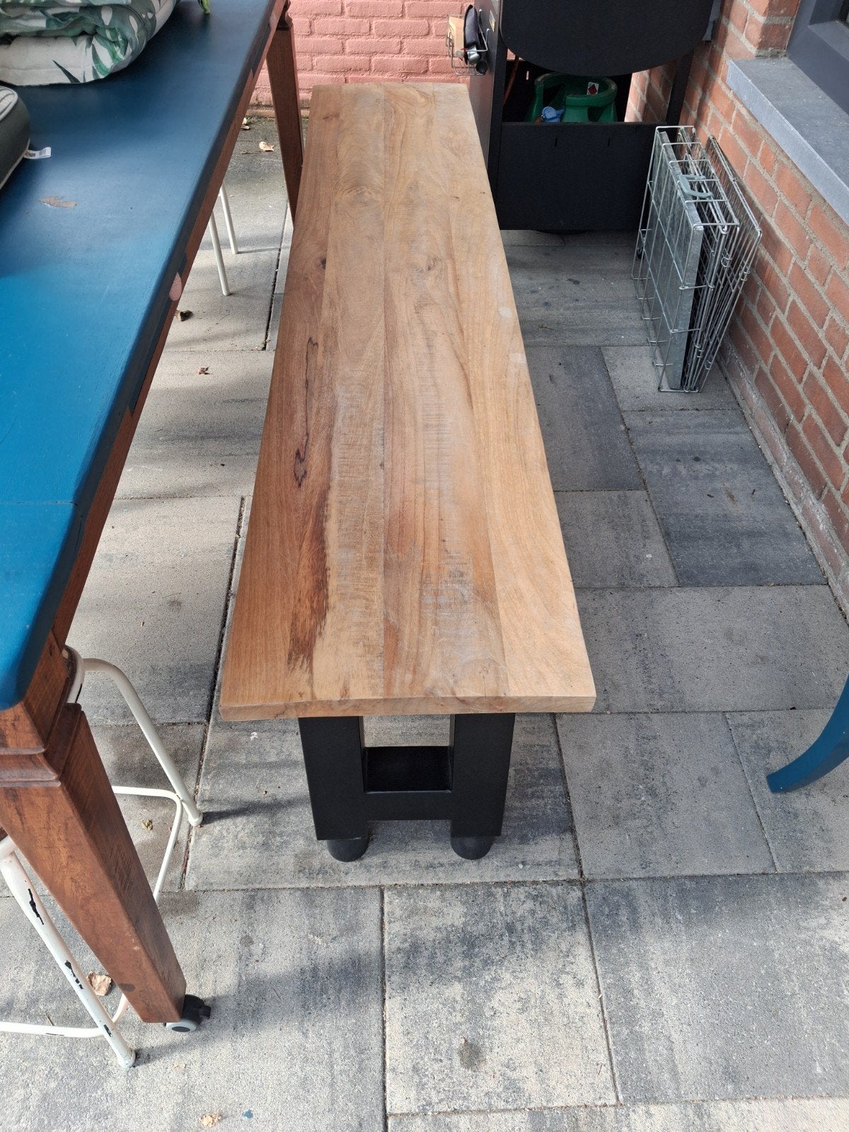 Houten bank met stalen poten - binnen/buiten (200x40x52cm), Ophalen, Bruin, Vijf, Zes of meer stoelen
