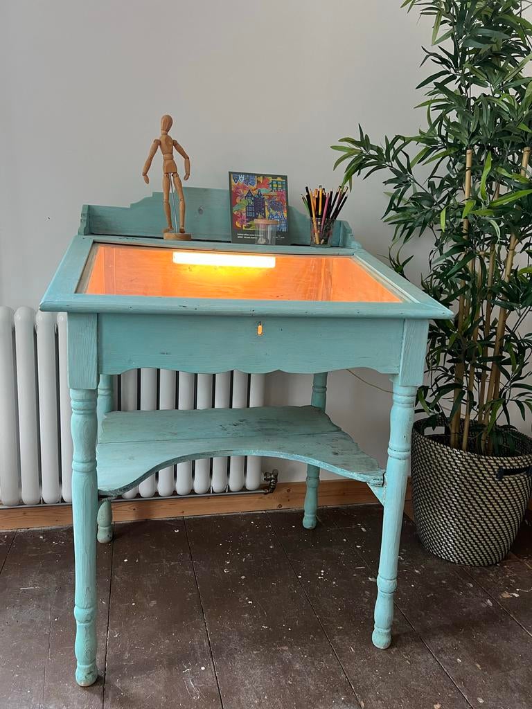 Brocante kleptafel / bureau /tekentafel lichtbak, Ophalen, Gebruikt, Minder dan 130 cm, Verlichting